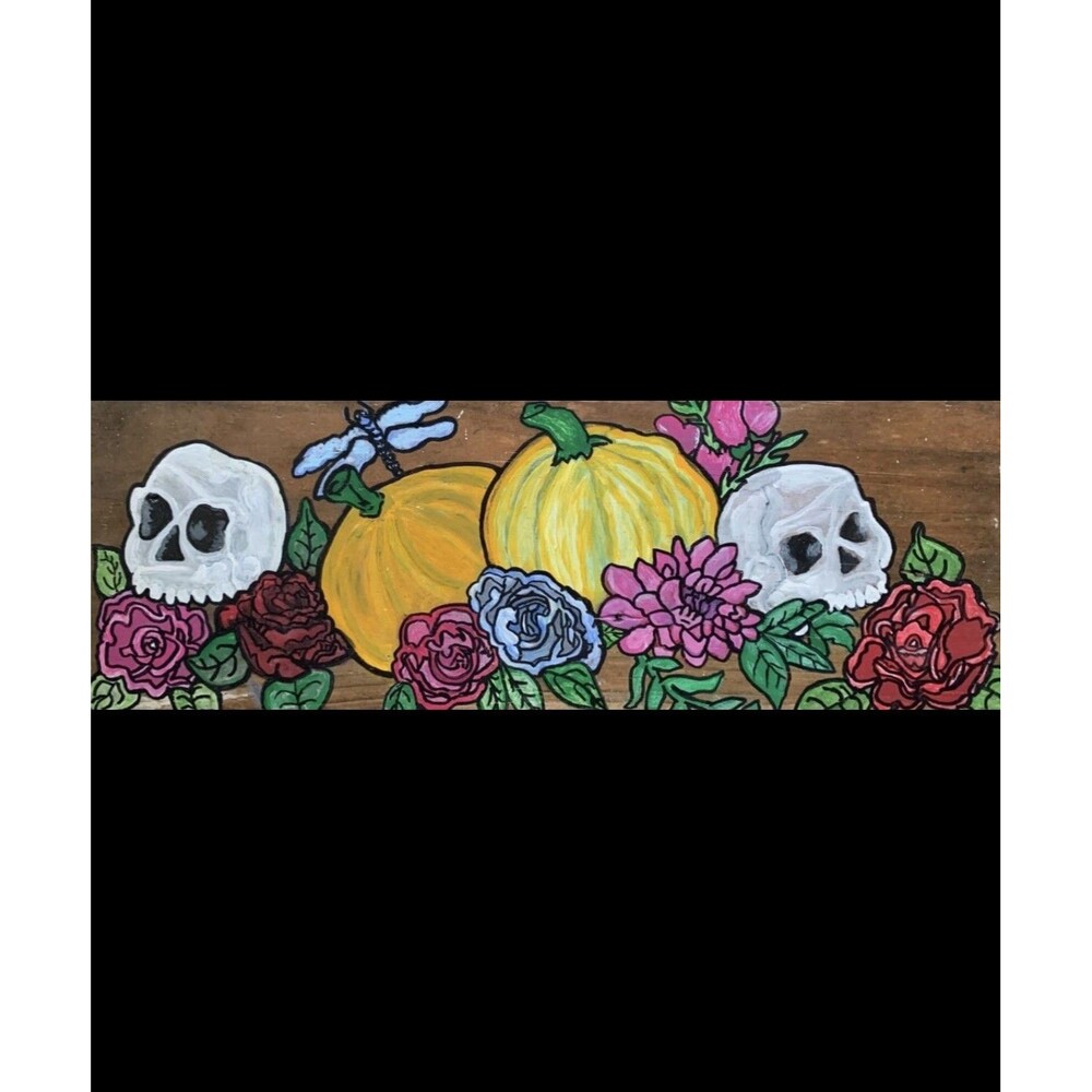 Hand-Painted Wood Hanging Sign, Skulls, Pumpkins, Flowers